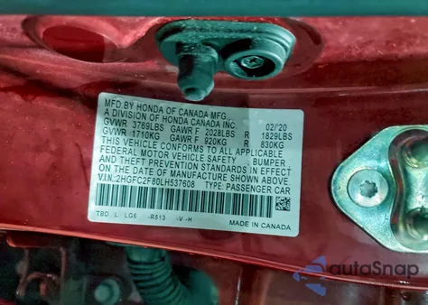 2020 Honda Civic Sport z USA, uszkodzony, nr VIN 2HGFC2F80LH537608